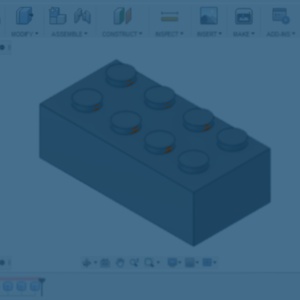 Vis arrangementet «E-postliste for framtidige 3D-modelleringskurs»; bildebeskrivelse: Et skjermbilde av en 3D-modellert legokloss i 3D-modelleringsprogrammet Fusion 360