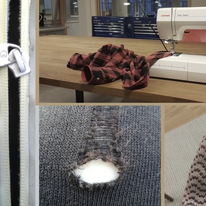 View the event “Sewing Course: Repair and Redesign”; image description: A photo collage of a zipper, a sewing machine, a hole in a textile, and a mended mitten