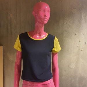 Vis arrangementet «Sykurs: t-skjorte»; bildebeskrivelse: En rosa mannekeng som har på seg en t-skjorte med mørkeblå torso og gule ermer