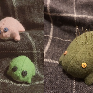 View the event “Sewing course: Frog”; image description: An example of three different sizes of the pattern, the largest one is perfect as a needle-pillow  and fits nicely in the palm of your hand.