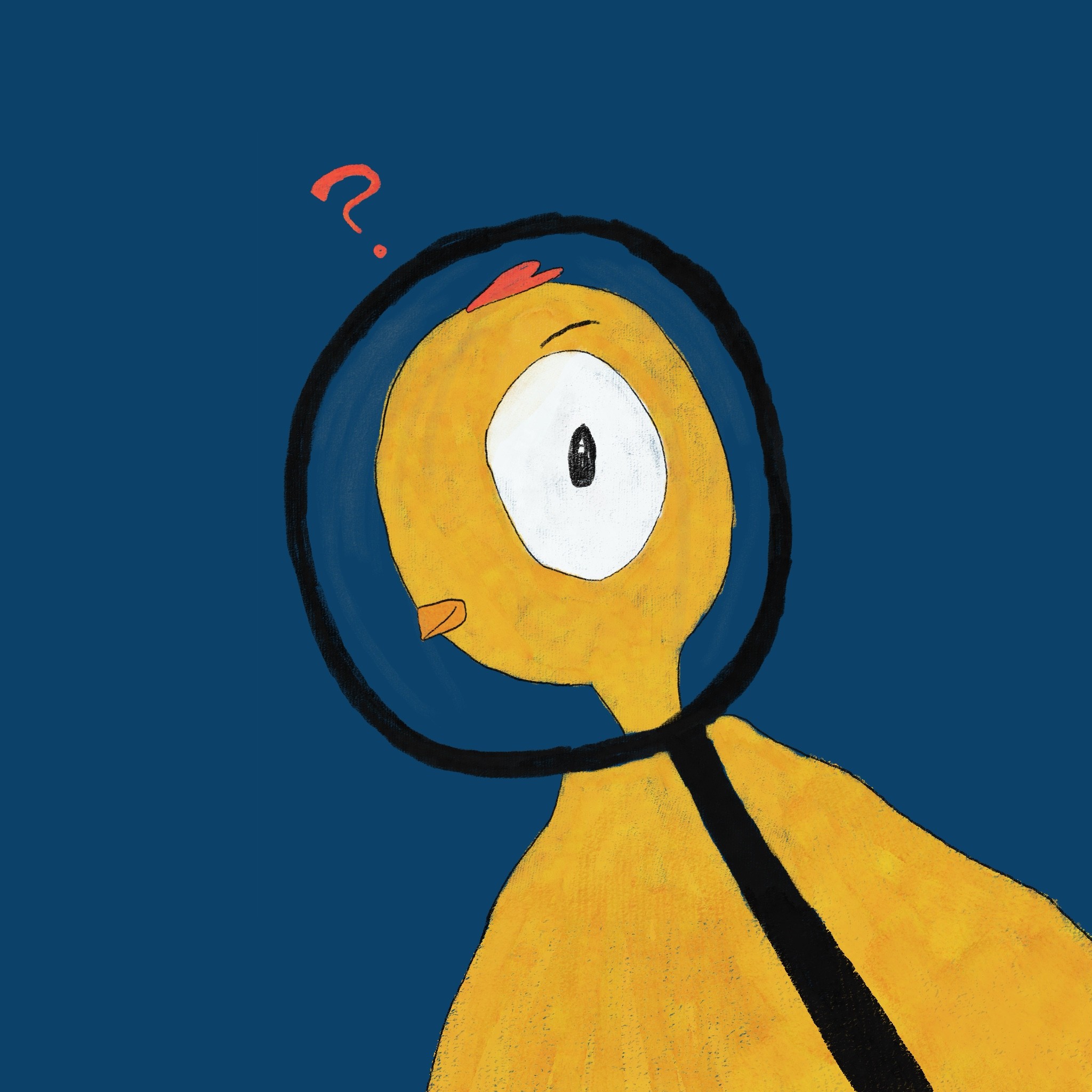 kylling som ser inn i forstørrelsesglass