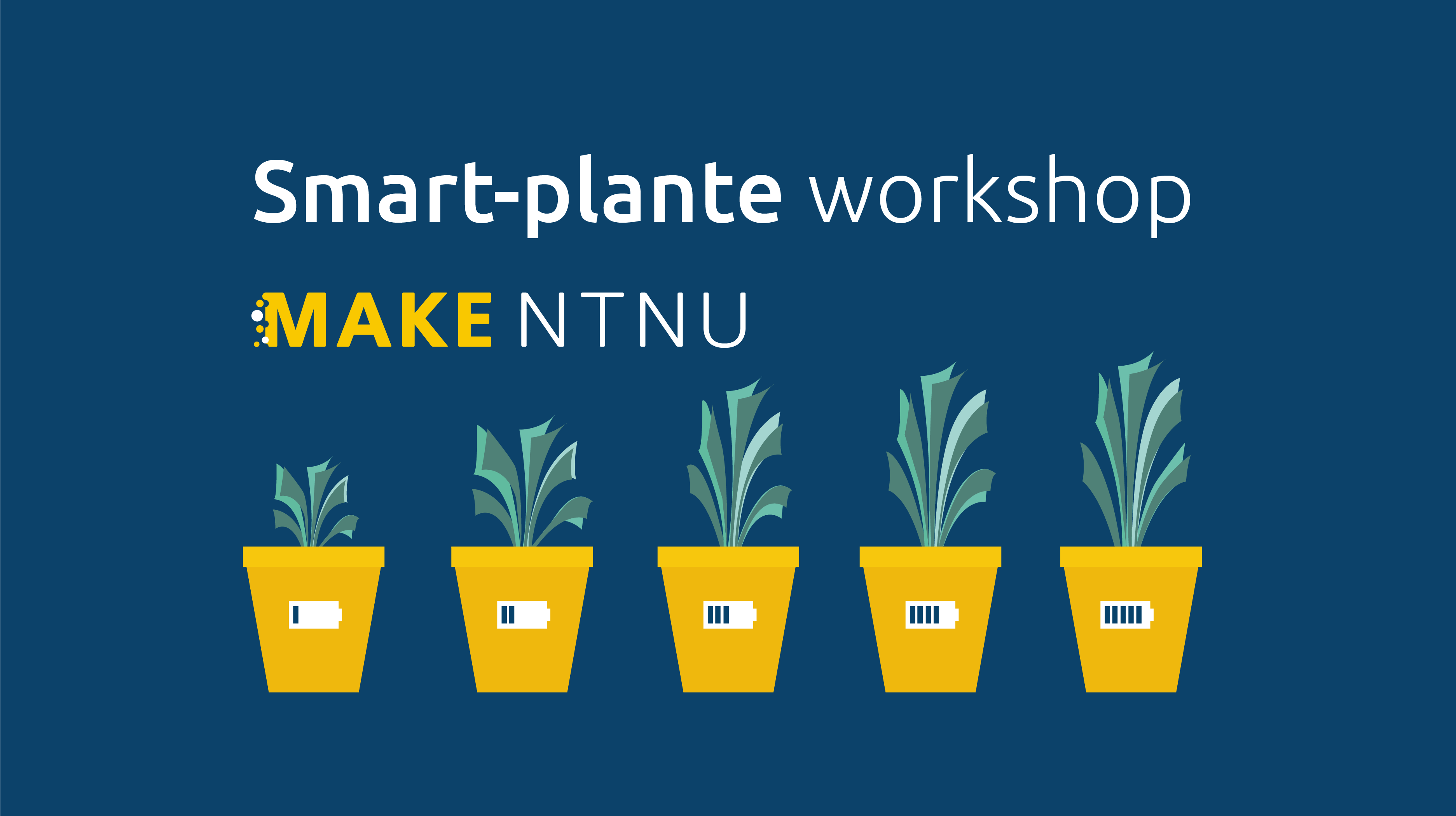 En potteplante som går fra å være liten med et nesten tomt batterisymbol, til å være stor med et fullt batterisymbol, i fem steg; teksten sier "Smart-plante-workshop"