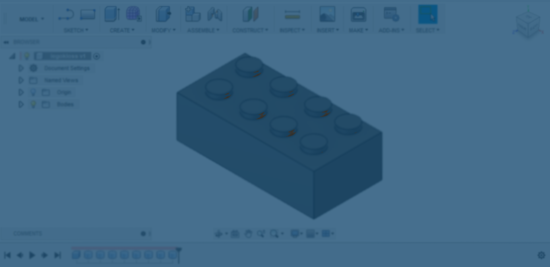 Et skjermbilde av en 3D-modellert legokloss i 3D-modelleringsprogrammet Fusion 360