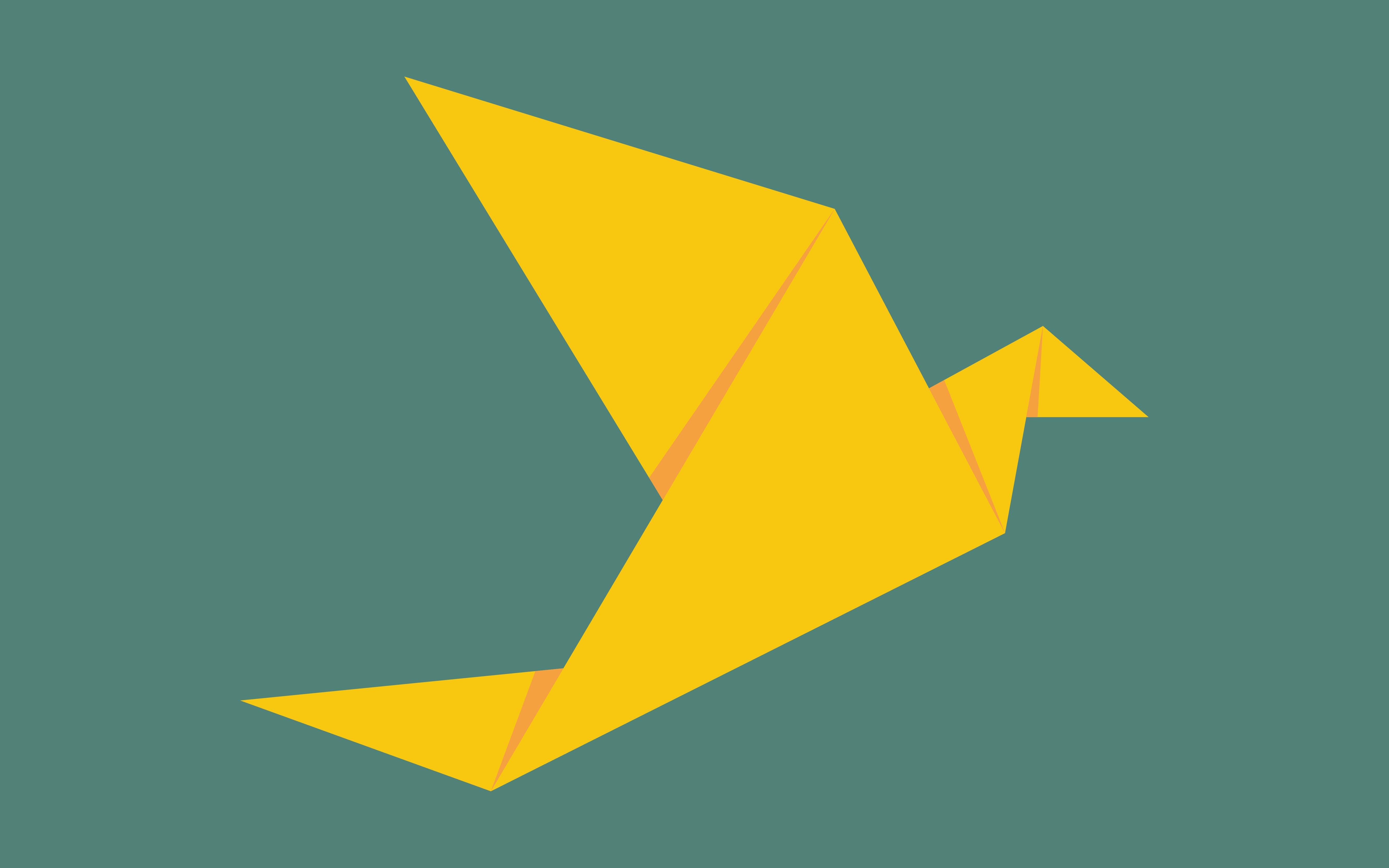 Illustrasjon av en gul origami-fugl foran turkis bakgrunn